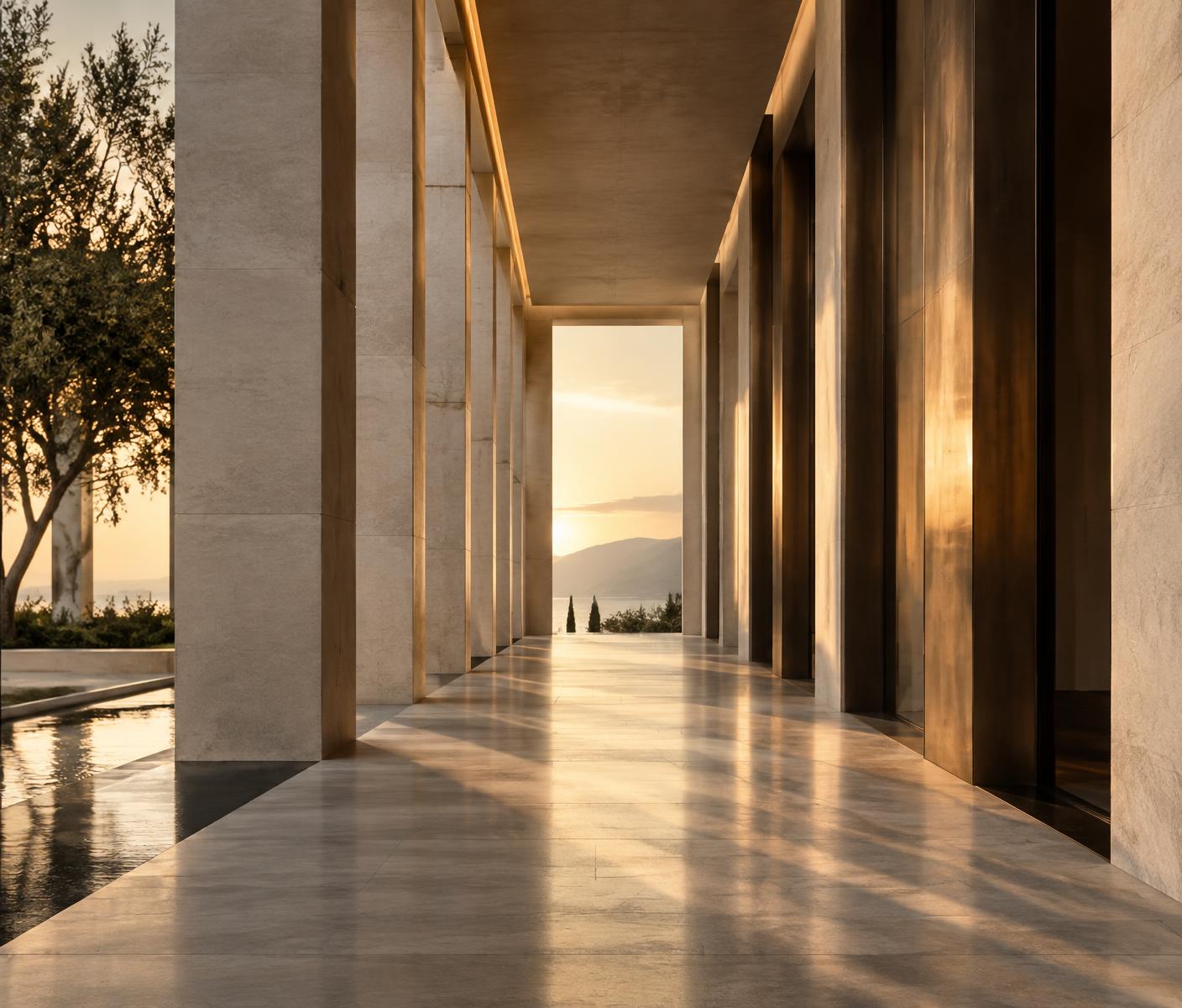 Modern colonnade framing a clear route toward warm light