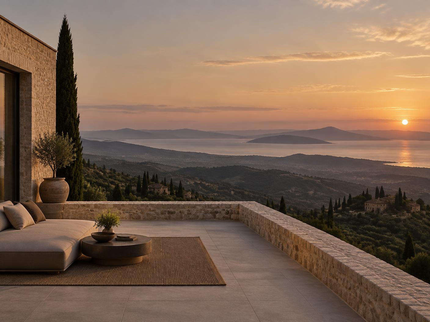 Calm elevated terrace with a long-range landscape view