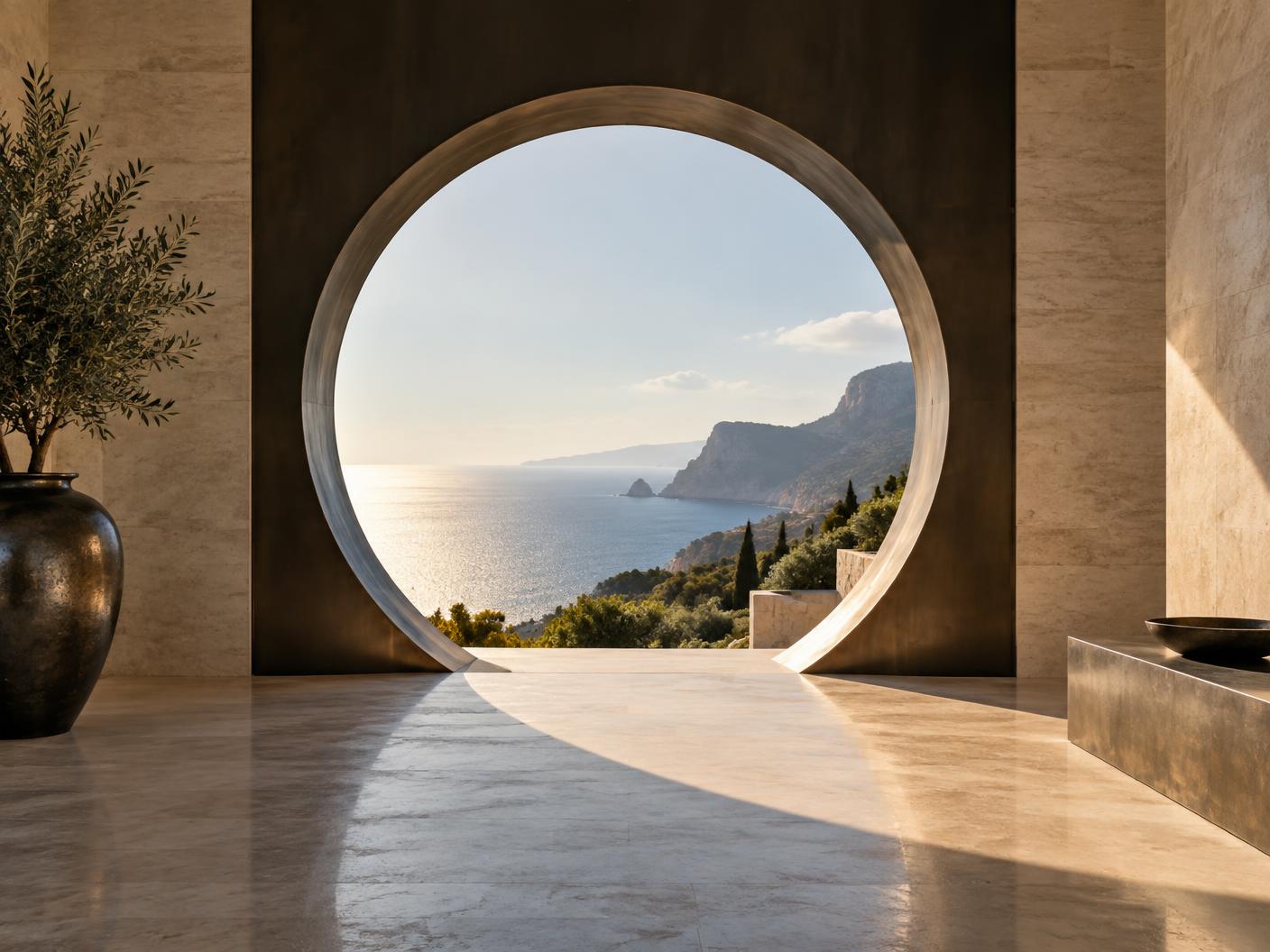 Sculptural aperture opening onto a clear coastal view