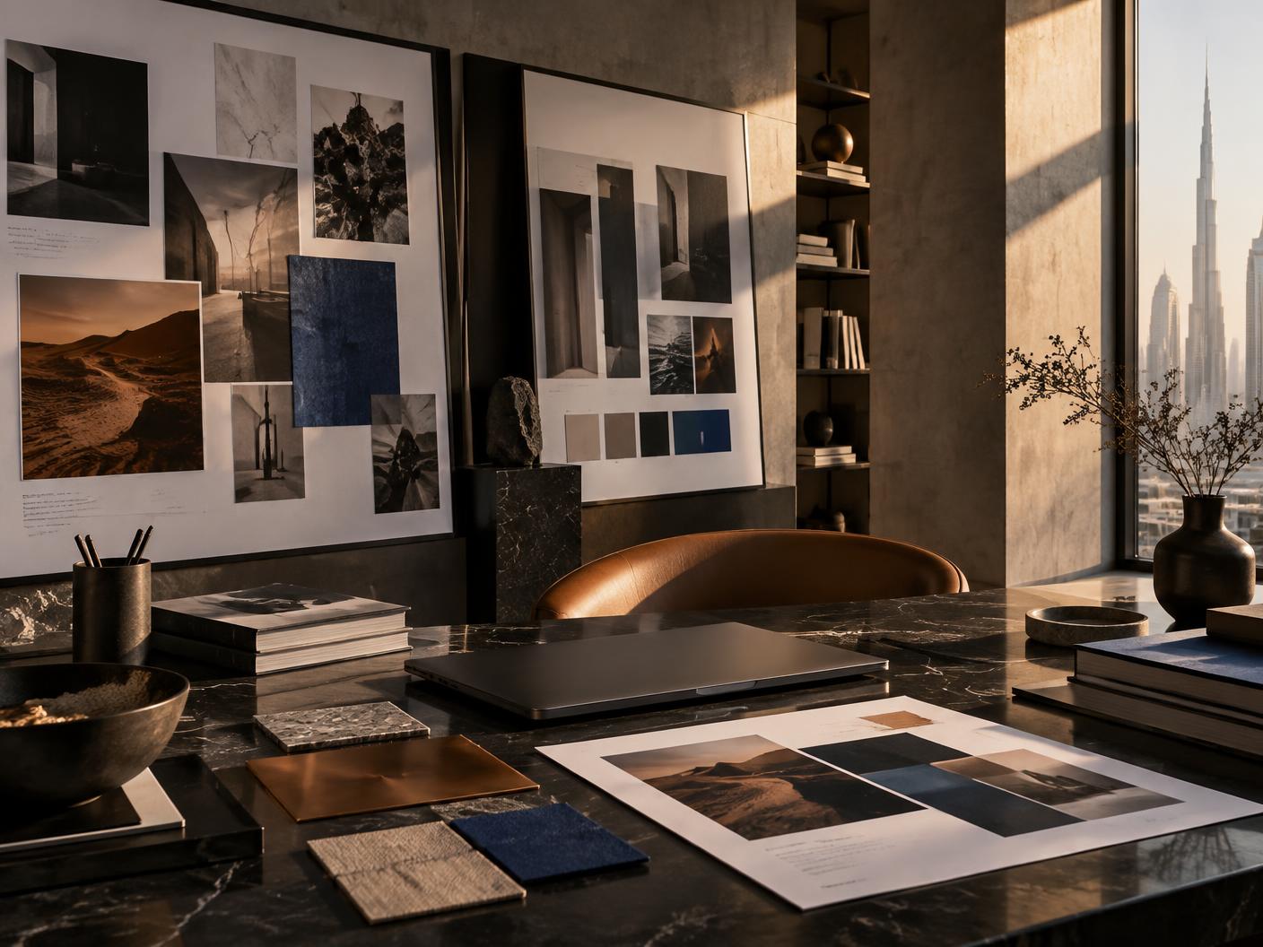 Creative strategy studio with campaign moodboards and material studies